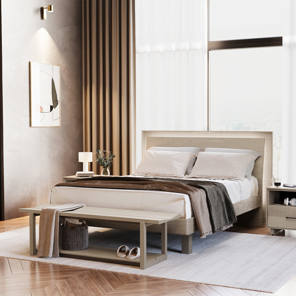 BDI KAVA Bedroom 9617 Queen Bed Frame with Built-In LEDs (Washed Oak)