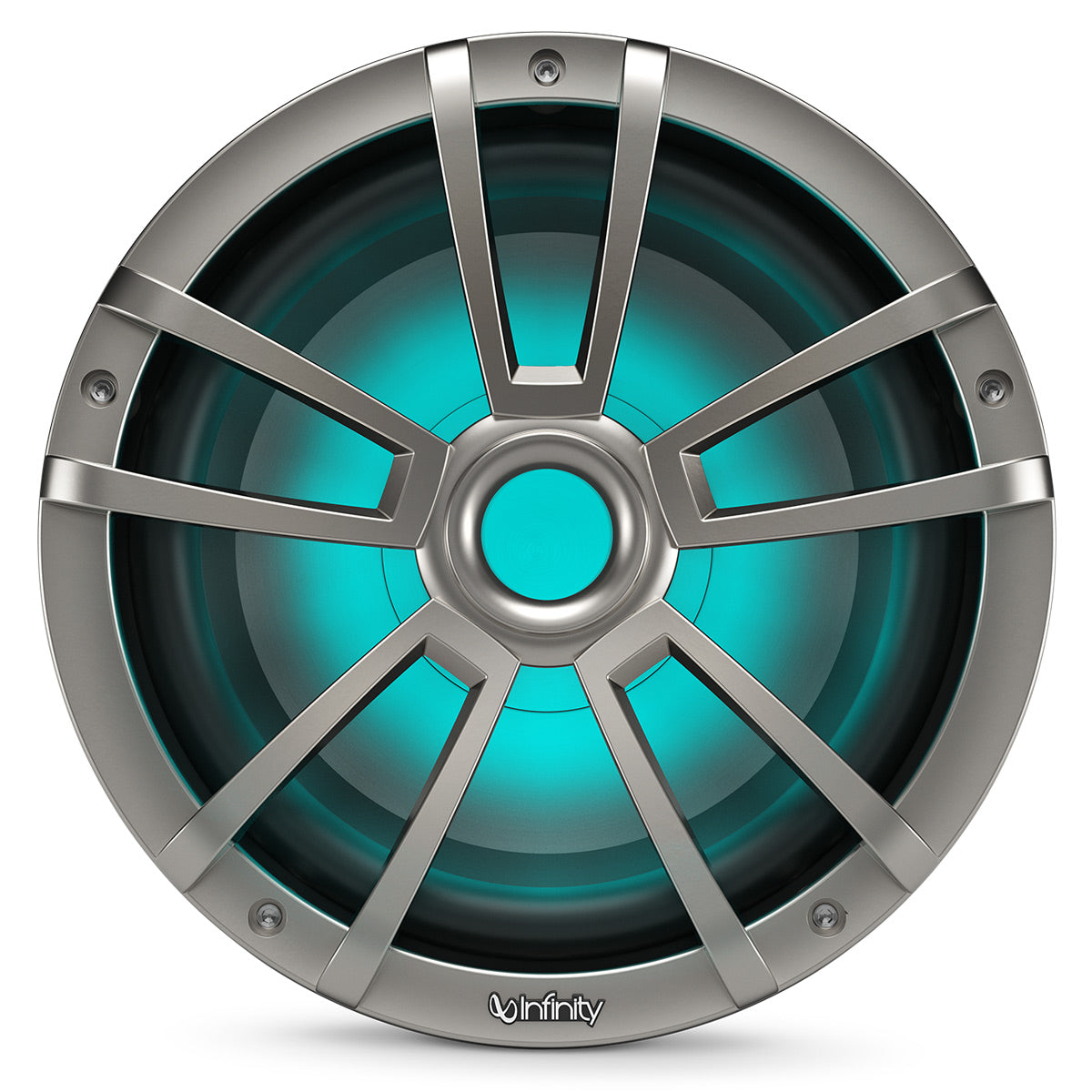 Titanium-finish marine subwoofer with teal RGB lighting and a multi-spoke protective grille
