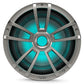Titanium-finish marine subwoofer with teal RGB lighting and a multi-spoke protective grille