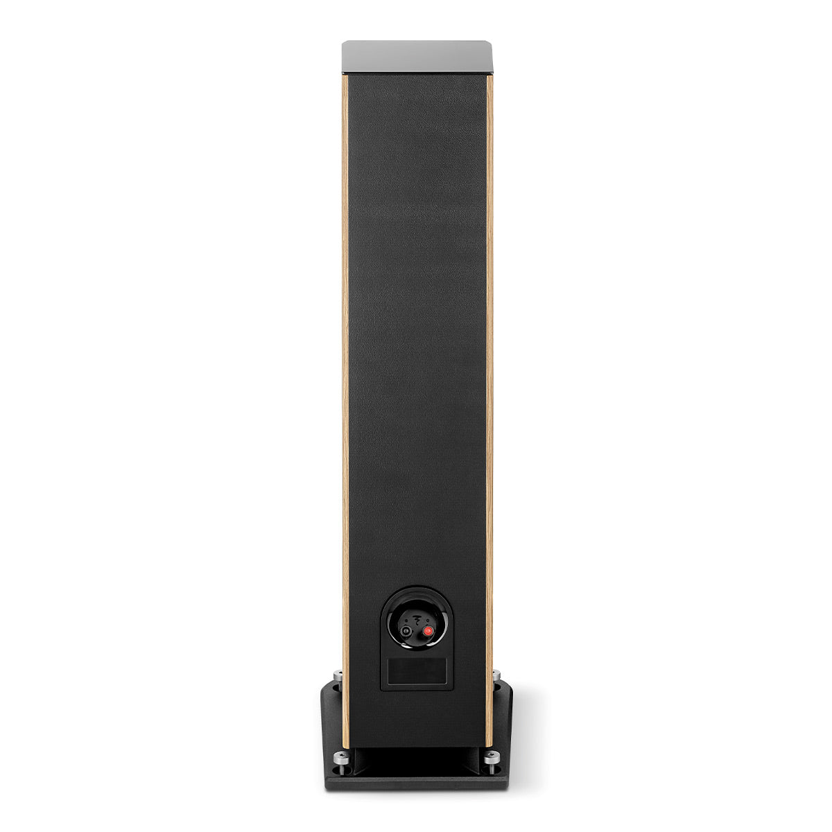 Tall floorstanding speaker with black grille, walnut side panels, and rear binding posts