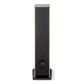 Tall floorstanding speaker with black grille, walnut side panels, and rear binding posts