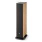 Tall floorstanding speaker with a black fabric grille and prime walnut wood veneer cabinet