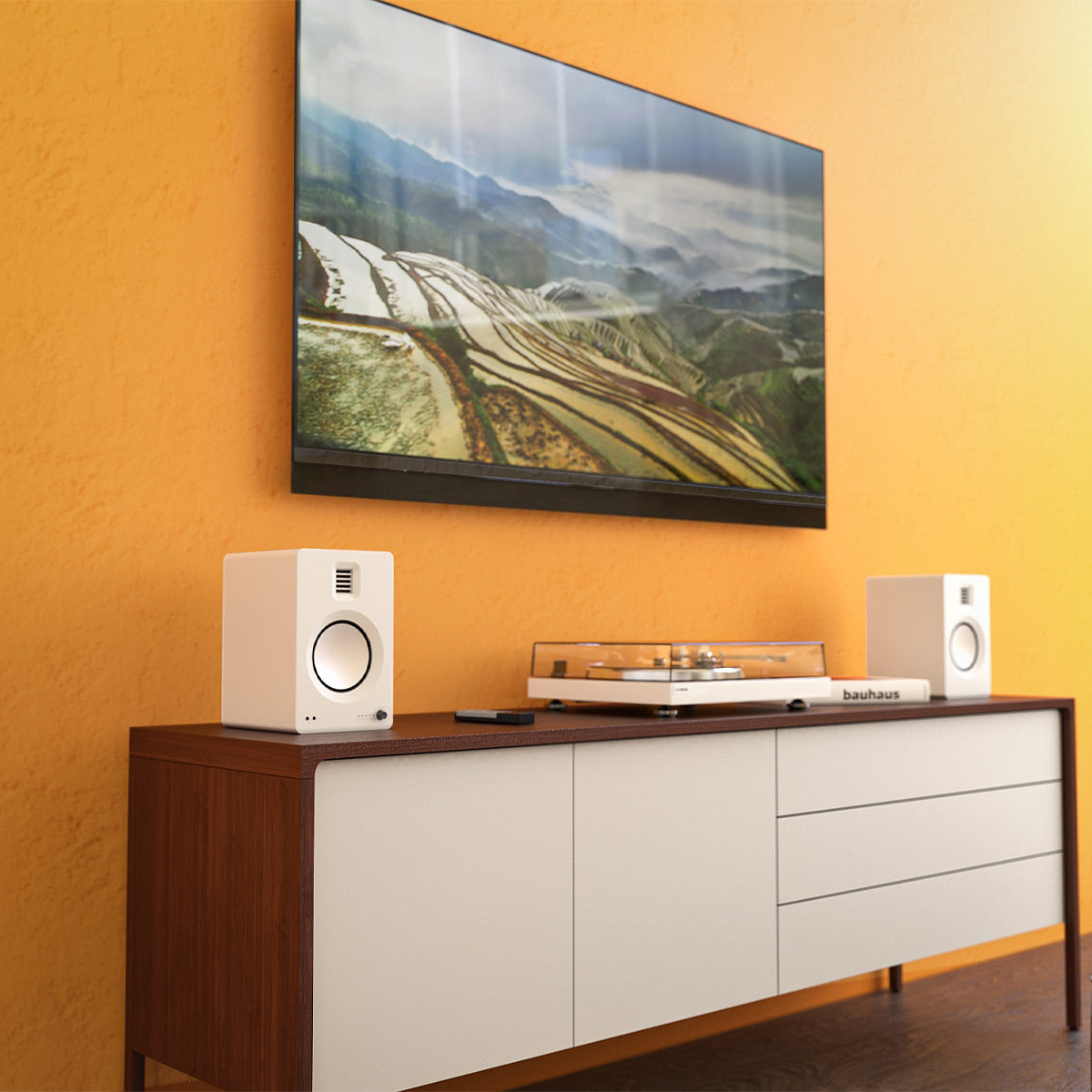 Pro-Ject Debut Evo 2 Turntable Bundle with Kanto TUK Premium Powered Bookshelf Speakers (Satin Walnut/Matte White)