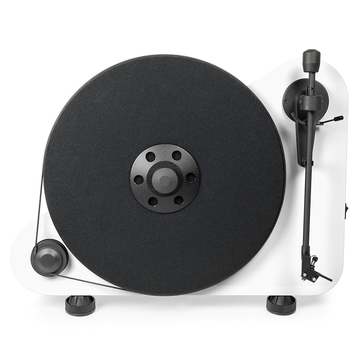 High gloss white vertical turntable with black platter and tonearm