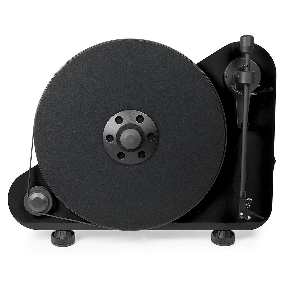 High gloss black vertical turntable with a felt platter and tonearm