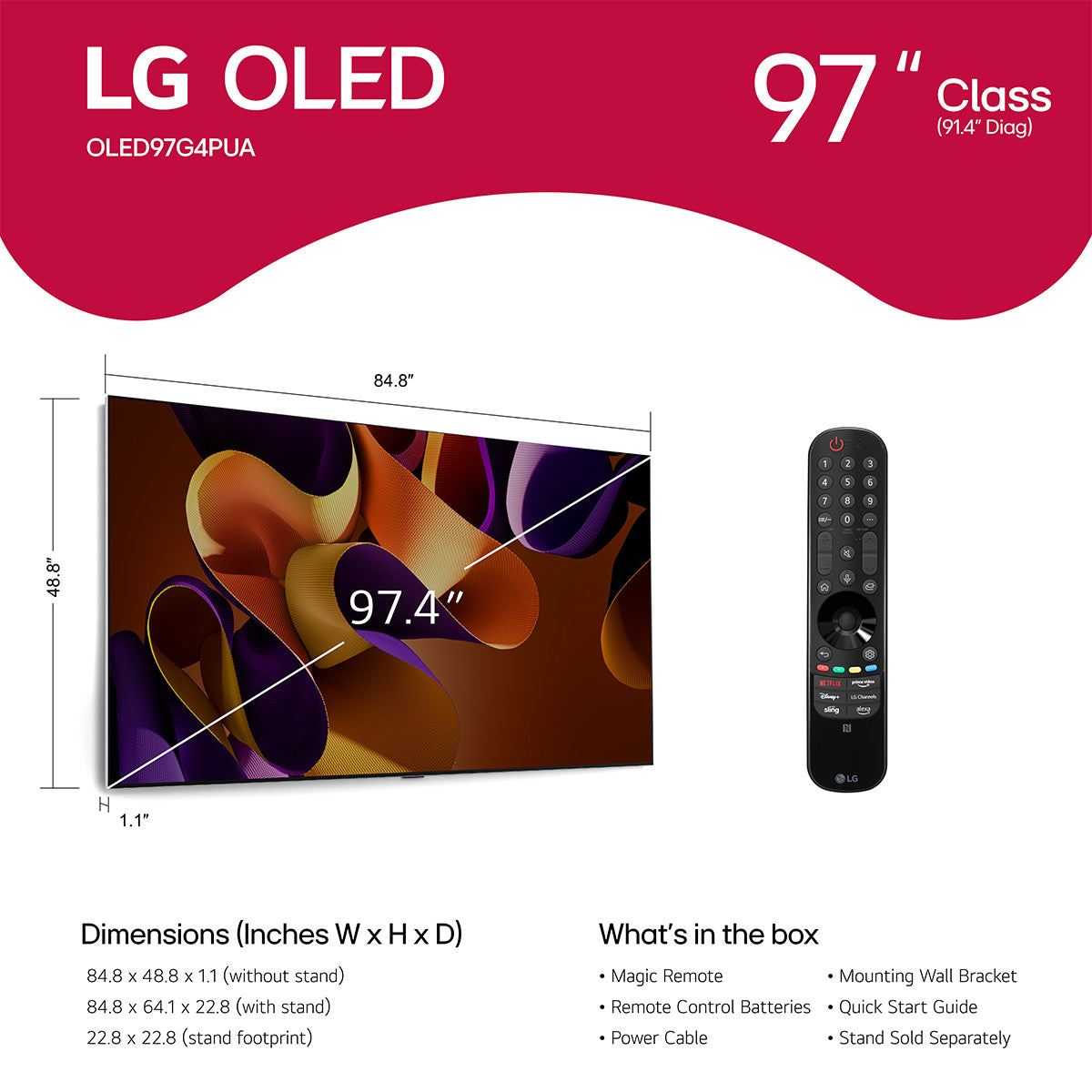 LG OLED97G4WUA 97" 4K UHD OLED evo G4 Smart TV with Flush Wall Mount Bracket