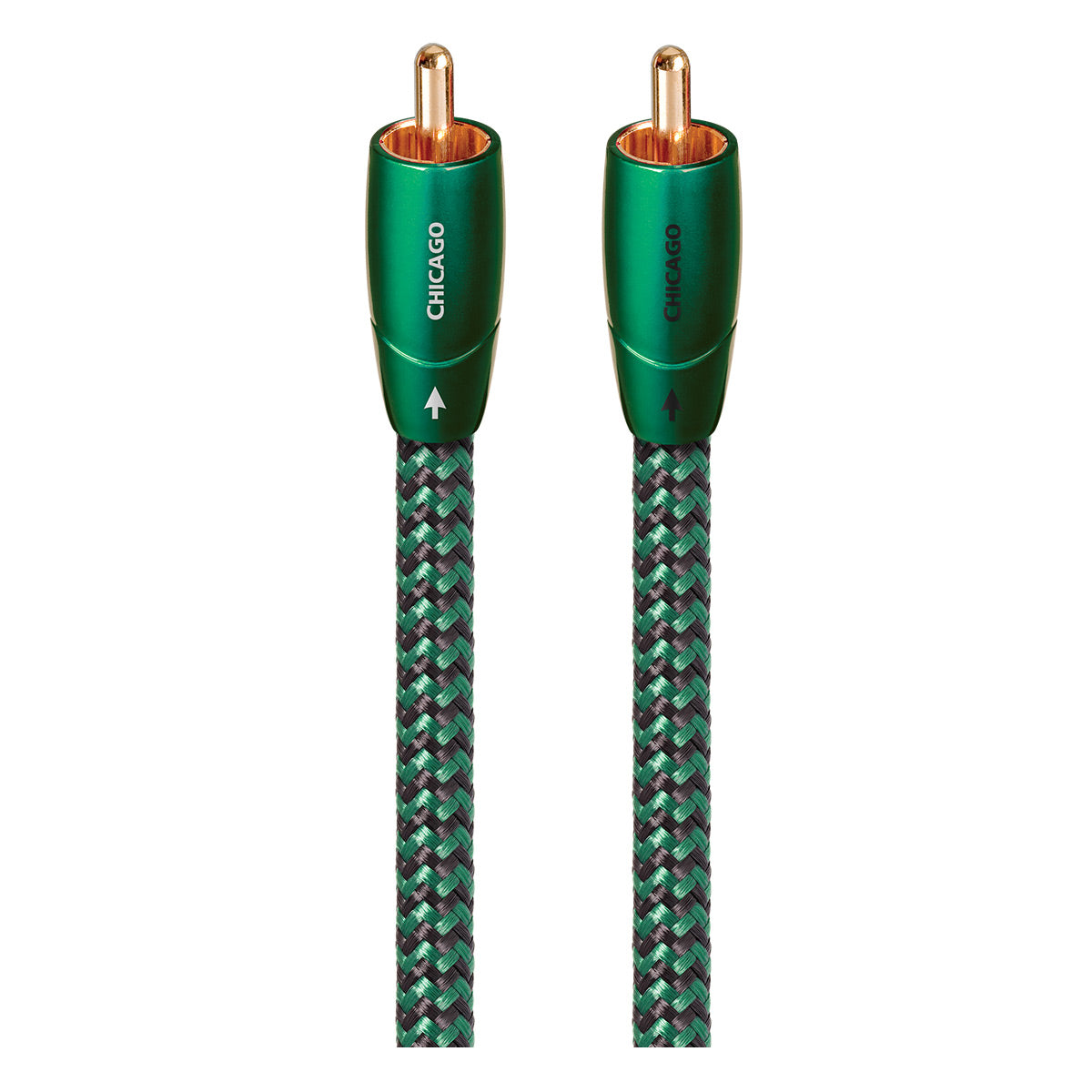 Green and black braided RCA cable with gold-plated connectors and directional arrows