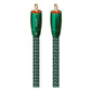 Green and black braided RCA cable with gold-plated connectors and directional arrows