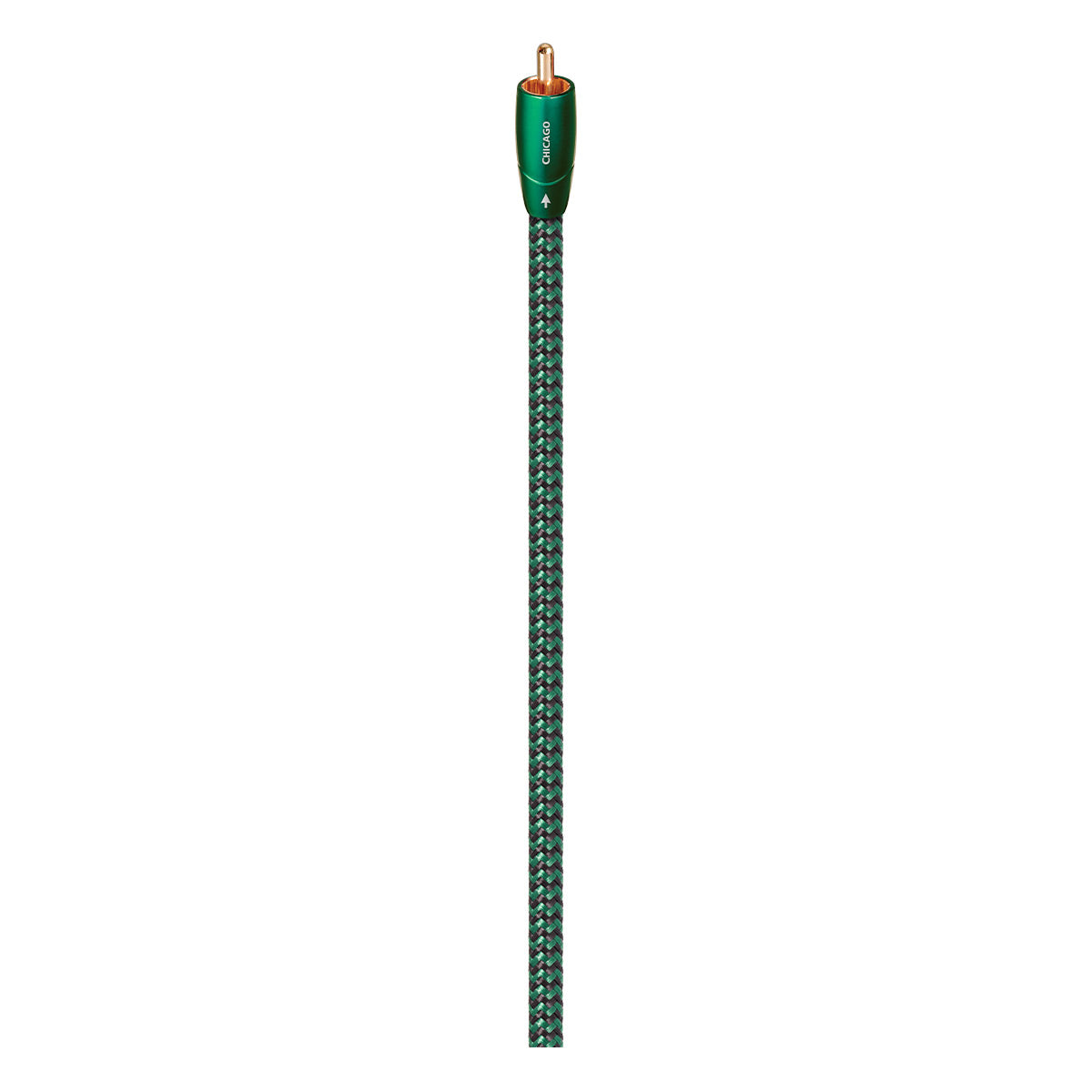 Green and black braided RCA cable with a metallic green connector and copper plug