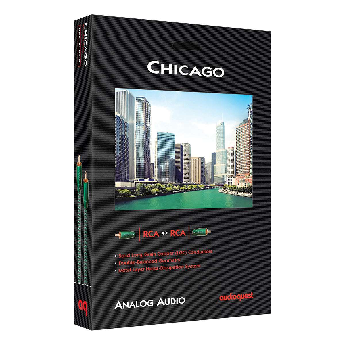 Black retail box with Chicago skyline image and green RCA connectors