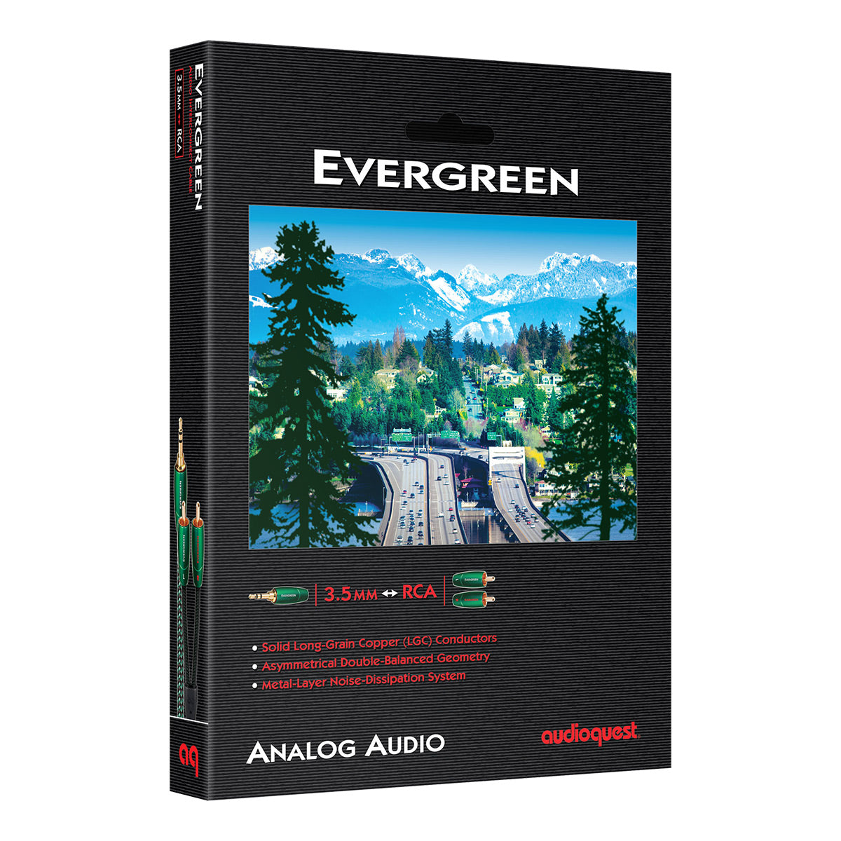 Black retail box with a mountain landscape image and green audio cable connectors visible on the sid