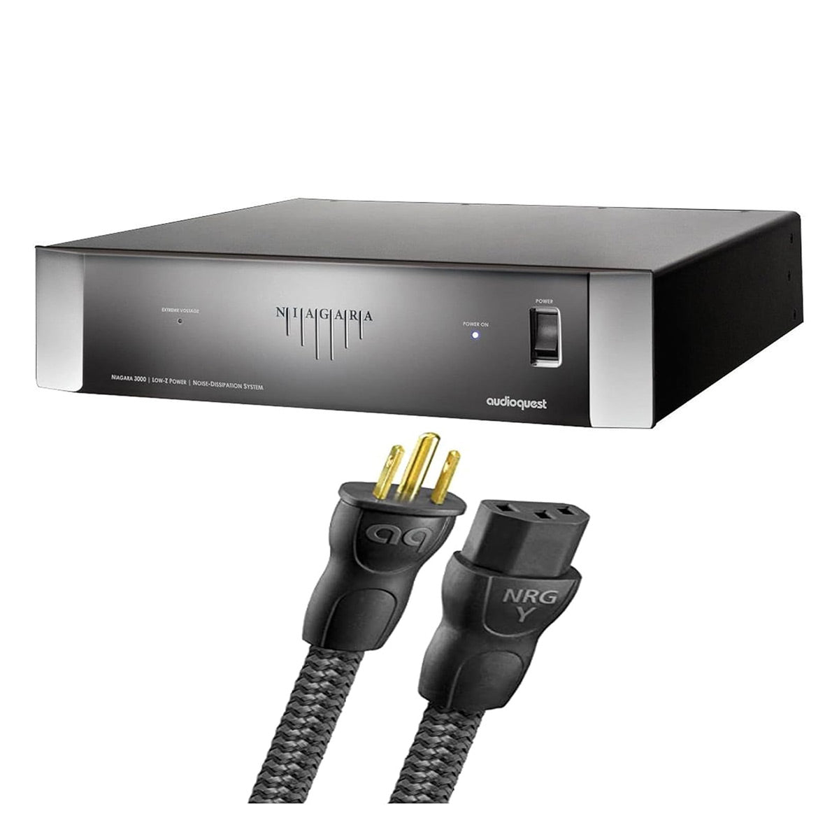 Black power conditioner with silver faceplate and braided power cable with gold-plated prongs