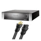 Black power conditioner with silver faceplate and braided power cable with gold-plated prongs