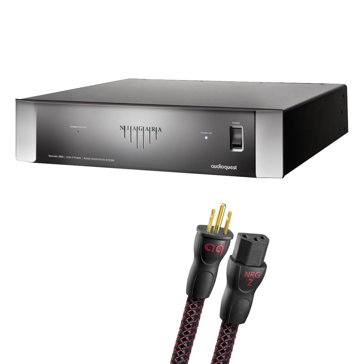 Black power conditioner with silver faceplate and power switch alongside a braided power cable with 