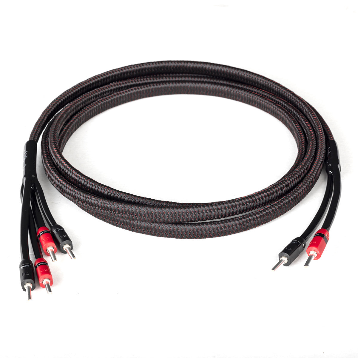Braided speaker cables with red and black banana plugs