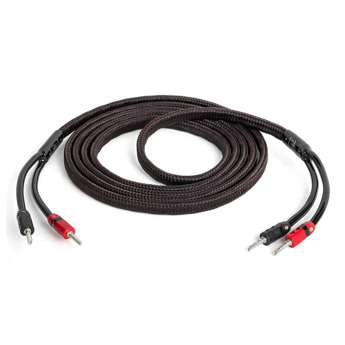 Black braided speaker cable with red and black banana plug connectors