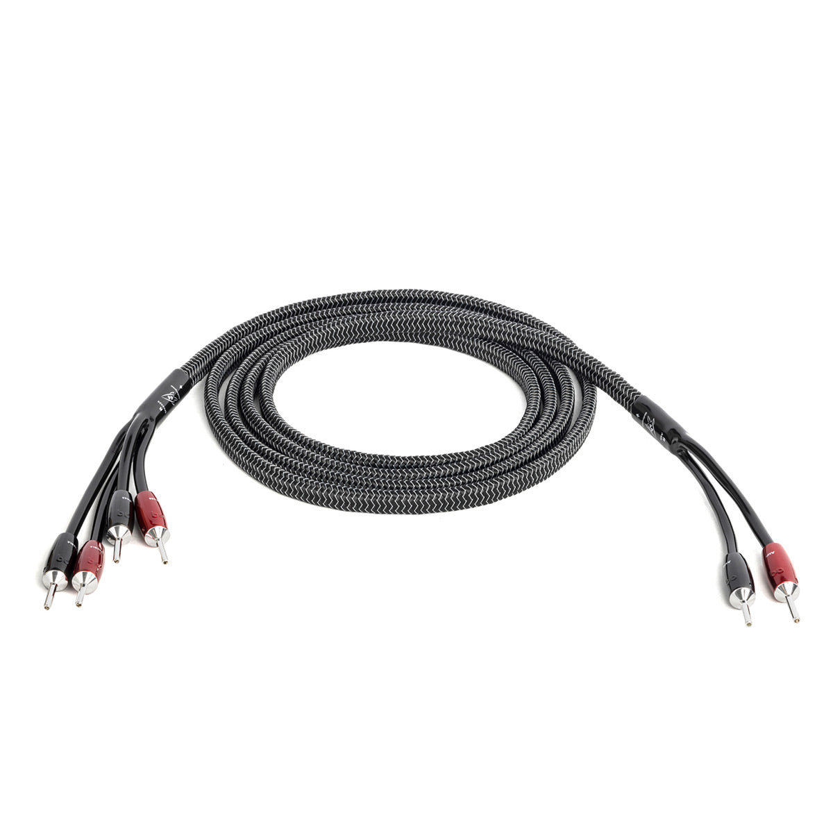 Braided black speaker cable with red and black banana plug connectors