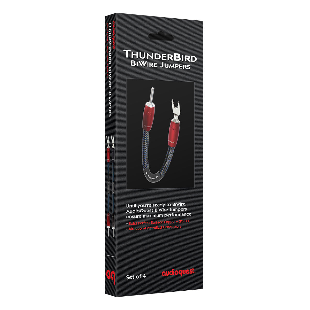 Black box packaging showing a braided speaker jumper cable with red spade connectors