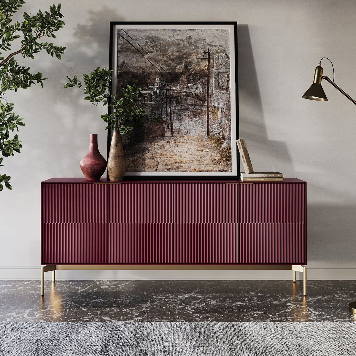 BDI Zig 7649 Storage Credenza (Merlot, Brushed Brass)