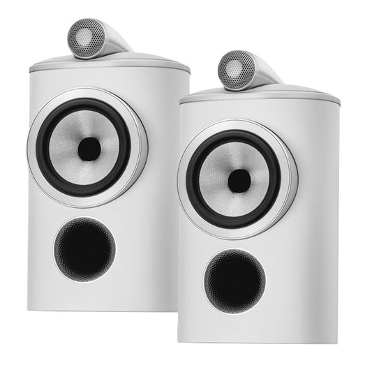Pair of white bookshelf speakers with top-mounted tweeters and silver midrange drivers