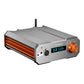 Silver and copper desktop headphone amplifier with a digital display and volume knob