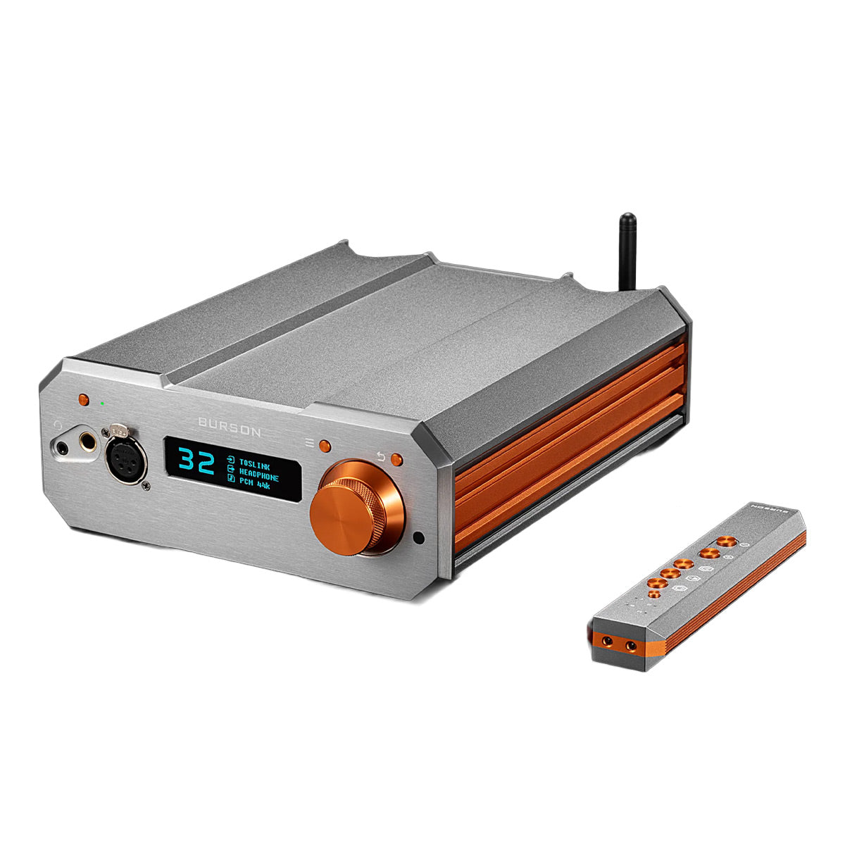 Silver and orange desktop headphone amplifier with digital display and matching remote