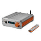 Silver and orange desktop headphone amplifier with digital display and matching remote