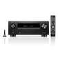 Black brushed metal AV receiver with illuminated display, dual control knobs, and remote control