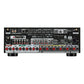 Black home theater receiver rear panel with multiple HDMI inputs, speaker binding posts, and antenna