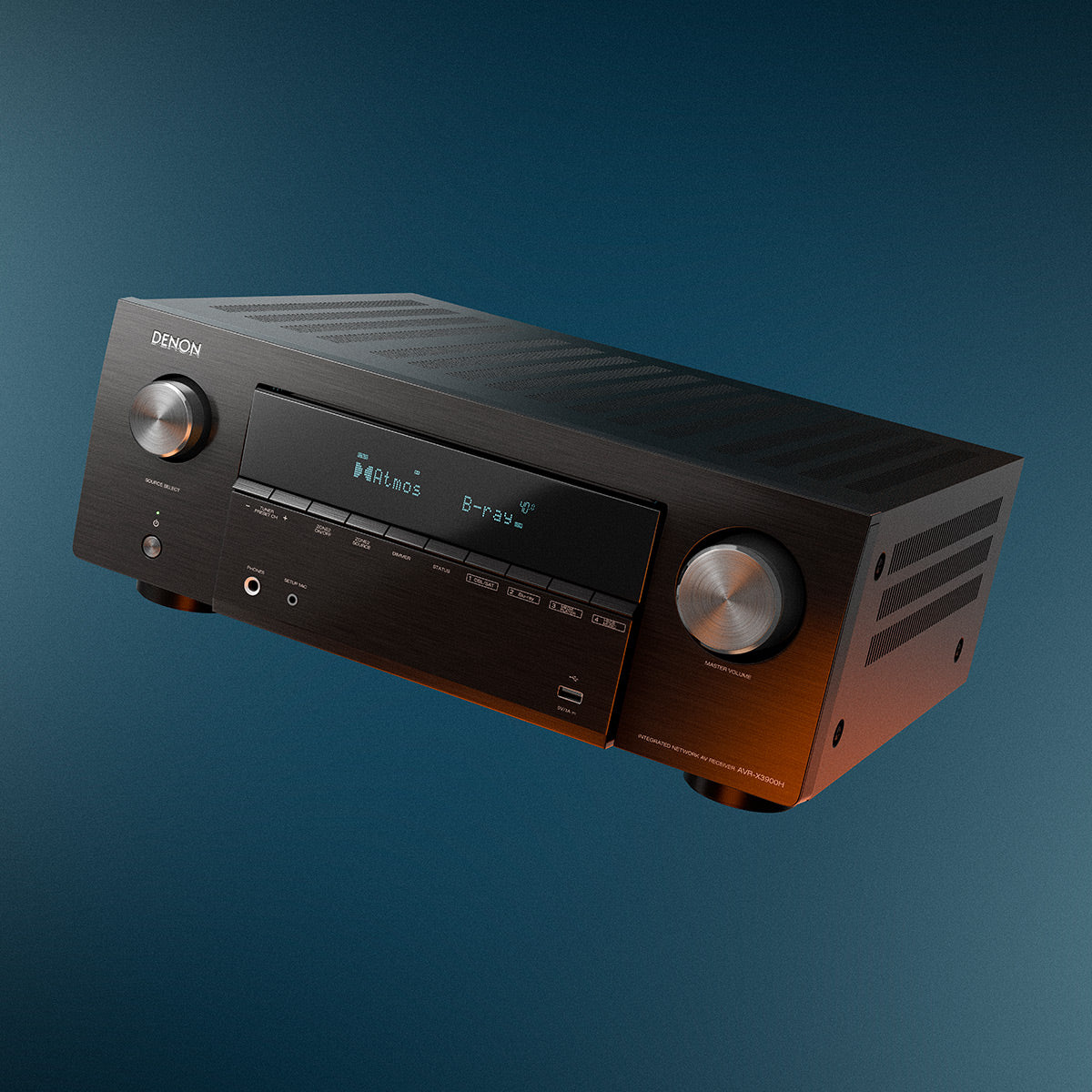 Black brushed metal AV receiver with a central display and dual control knobs