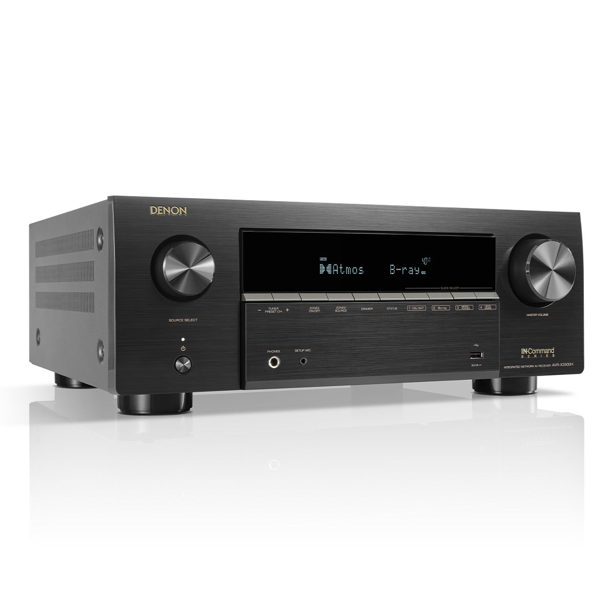 Black brushed metal home theater receiver with large volume knob and digital display