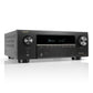 Black brushed metal home theater receiver with large volume knob and digital display