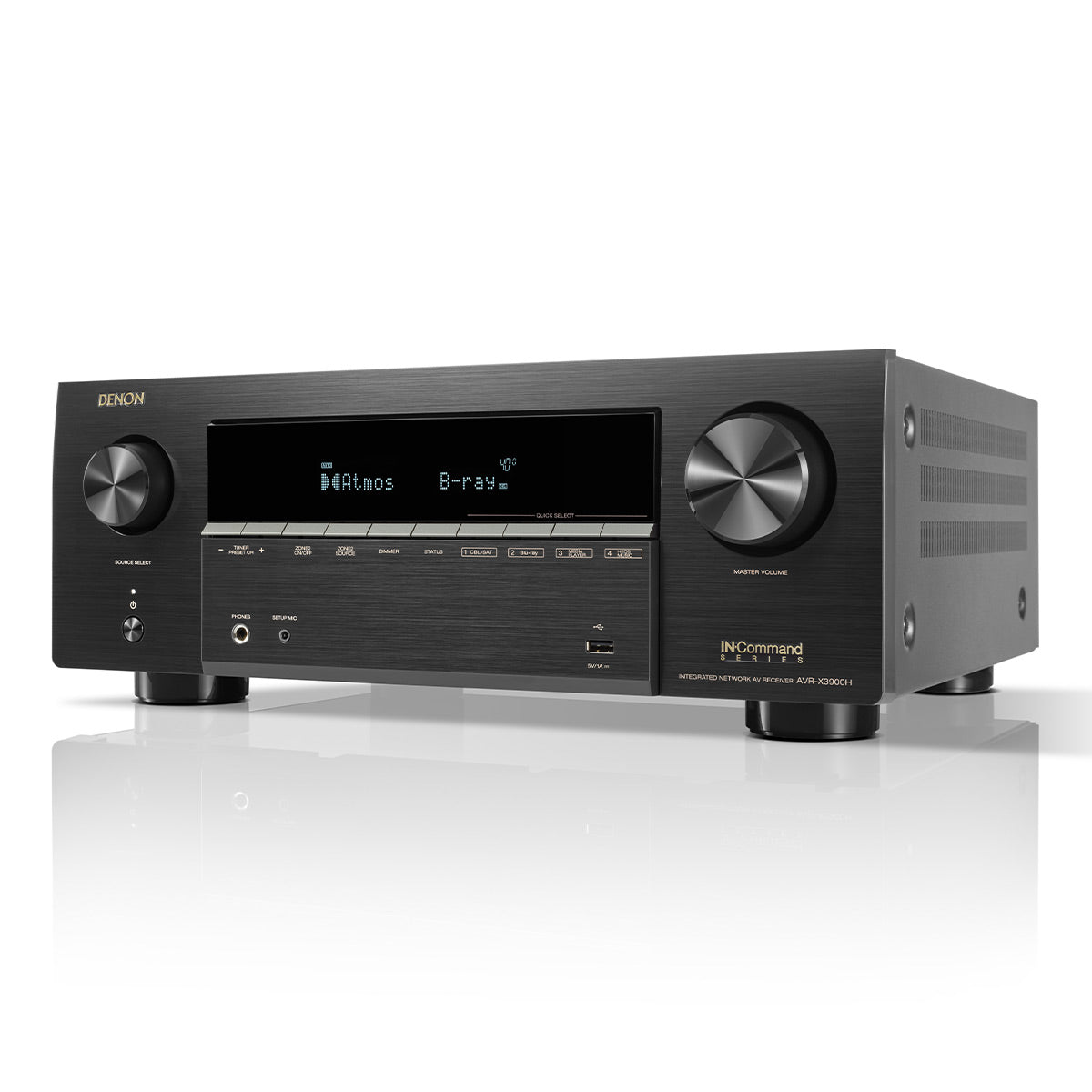 Black brushed metal AV receiver with large volume knob, digital display, and front USB port