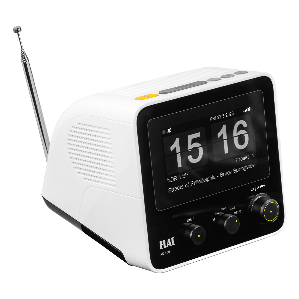 ELAC RD100 Radio Alarm Clock and Bluetooth Speaker (White)