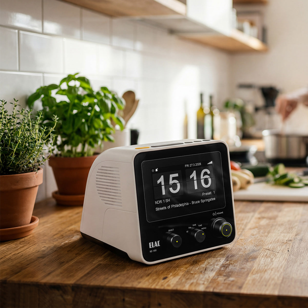 ELAC RD100 Radio Alarm Clock and Bluetooth Speaker (White)
