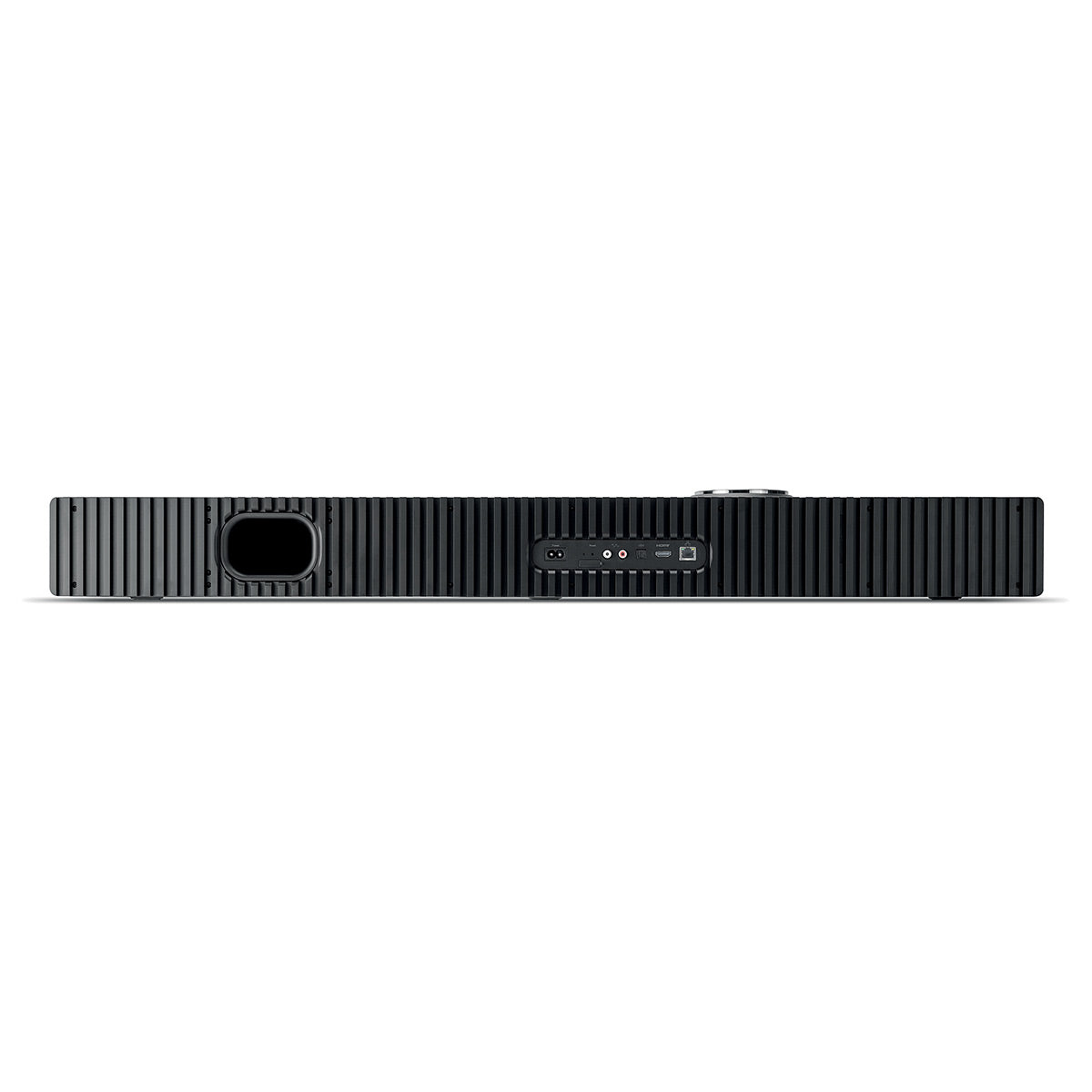 Black soundbar with vertical ridges, rear bass port, and connection panel