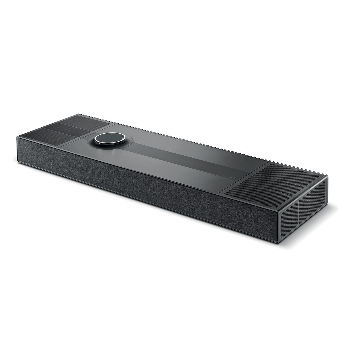Sleek black soundbar with a brushed metal top, fabric grille, and circular control dial