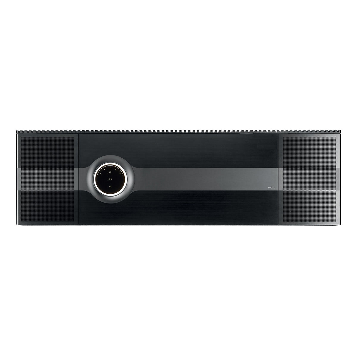 Black rectangular wireless speaker with a central circular control dial and mesh grilles on both end