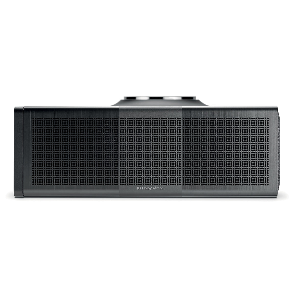 Dark gray wireless speaker with a perforated metal grille and Dolby Atmos branding