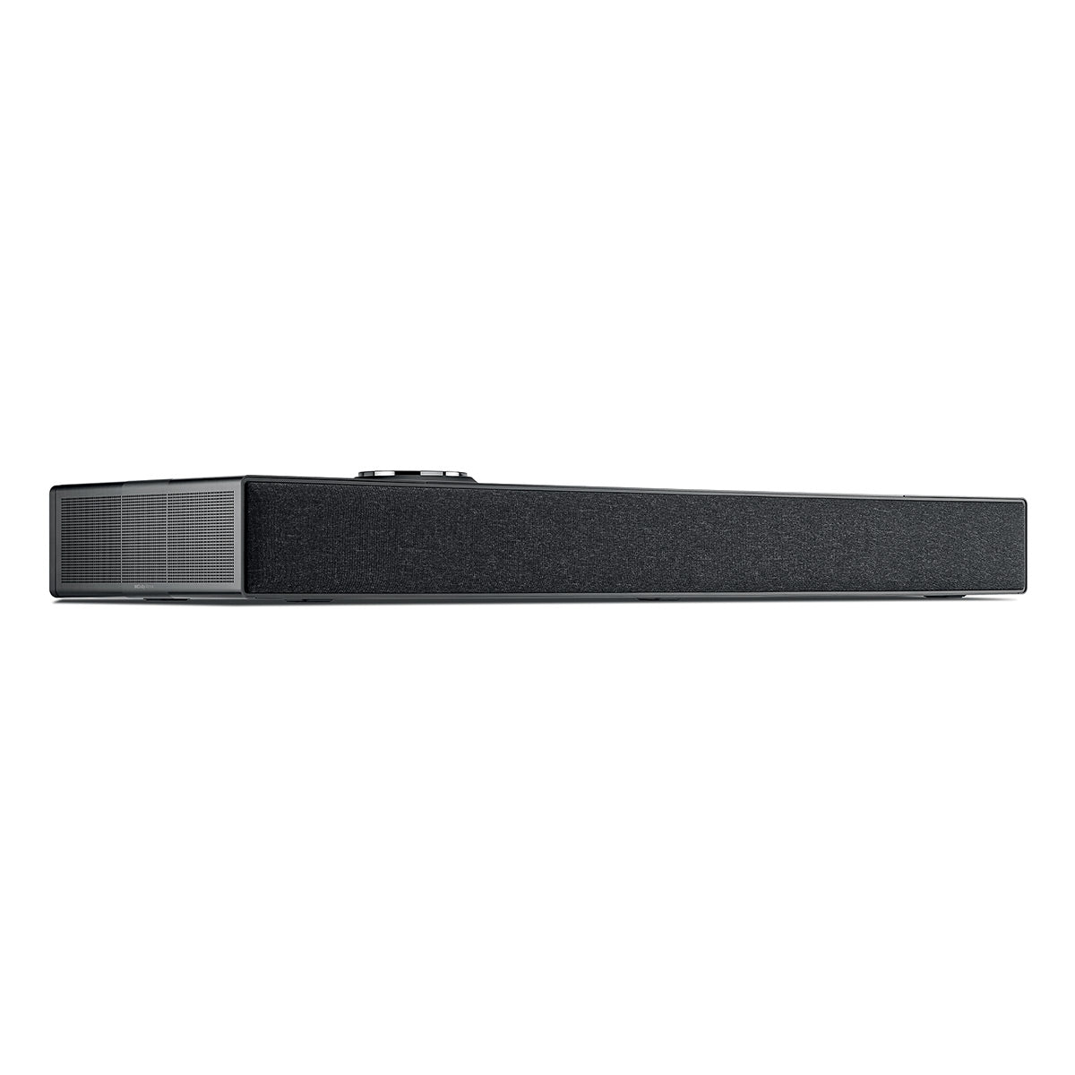 Black rectangular soundbar with fabric grille and metallic control dial on top