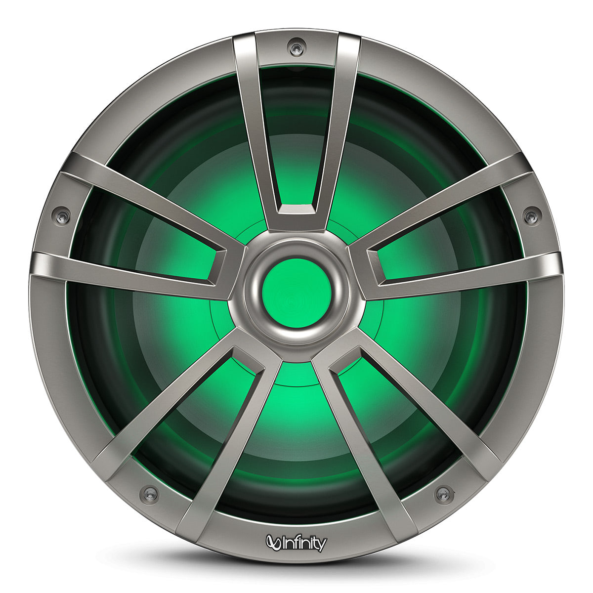 Titanium-finish marine subwoofer with green RGB illumination and a multi-spoke protective grille