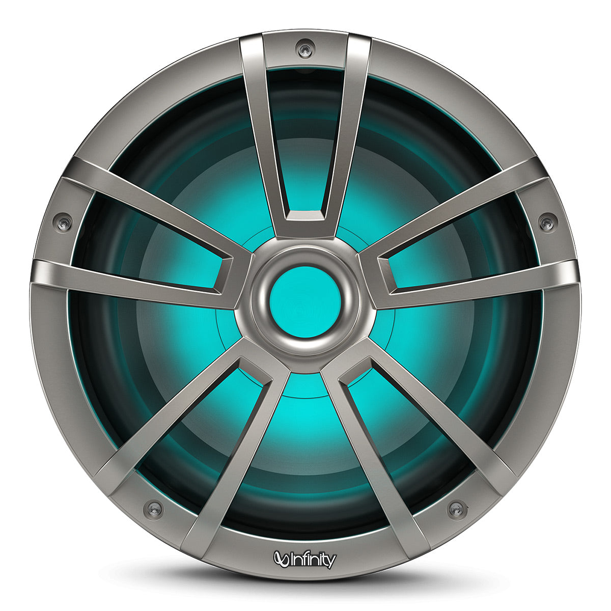 Titanium-finish marine subwoofer with teal RGB lighting and a multi-spoke grille