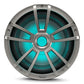 Titanium-finish marine subwoofer with teal RGB lighting and a multi-spoke grille