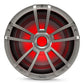 Titanium-finish marine subwoofer with red RGB lighting and a multi-spoke grille
