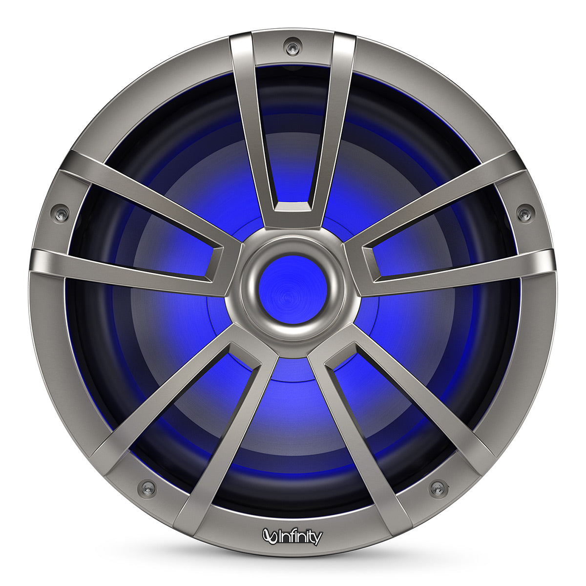 Titanium-finish marine subwoofer with blue RGB lighting and a multi-spoke grille