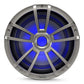 Titanium-finish marine subwoofer with blue RGB lighting and a multi-spoke grille