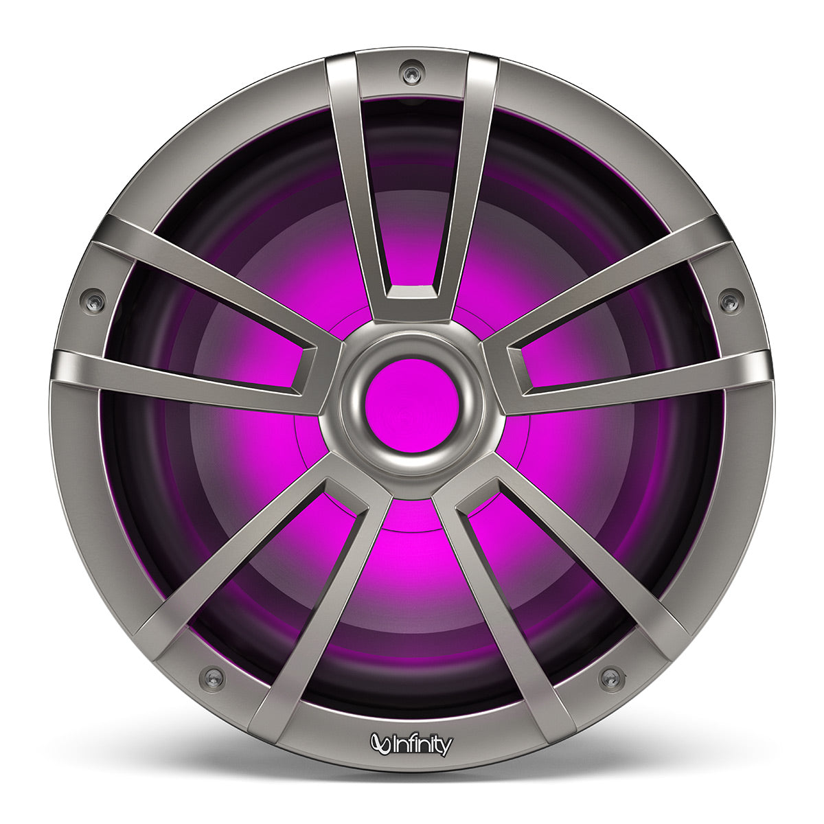 Titanium-finished marine subwoofer with purple RGB lighting and a multi-spoke grille