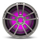 Titanium-finished marine subwoofer with purple RGB lighting and a multi-spoke grille