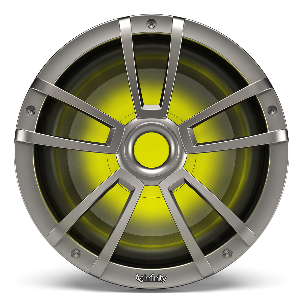 Titanium-finish marine subwoofer with a multi-spoke grille and yellow LED illumination