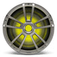 Titanium-finish marine subwoofer with a multi-spoke grille and yellow LED illumination